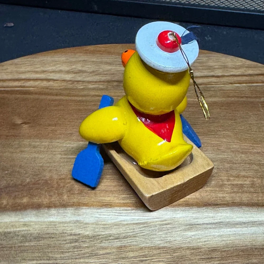 Vintage Wooden Duck Sailor Ornament Rowing Boat Nautical Hand Painted Yellow Oar